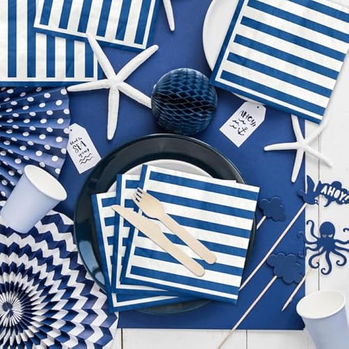 100 PCS BLUE AND WHITE STRIPED NAPKINS, NAVY BLUE AND WHITE COCKTAIL BEVERAGE PAPER NAPKIN LUNCH NAPKIN FOR BOY MEN BIRTHDAY BRIDAL BABY SHOWER WEDDING - Image 3